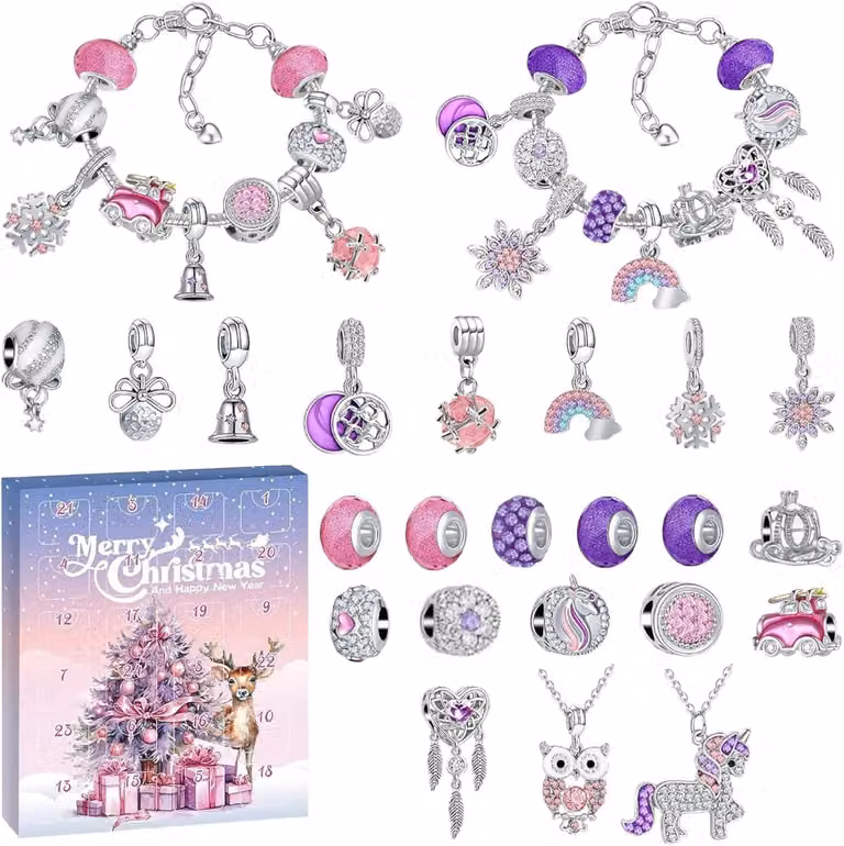 Calendario dell'Avvento 2025 - Gioielli - Calendario con decorazioni natalizie - Calendario dell'Avvento di 24 giorni - Braccialetto con ciondolo a forma di renna - Collana - Set - Per bambine