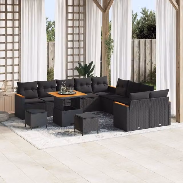 Set Divano da Giardino vidaXL a Forma di U con 13 Pezzi, Colore Nero, con Cuscini e Tavolino da Caffè – 1