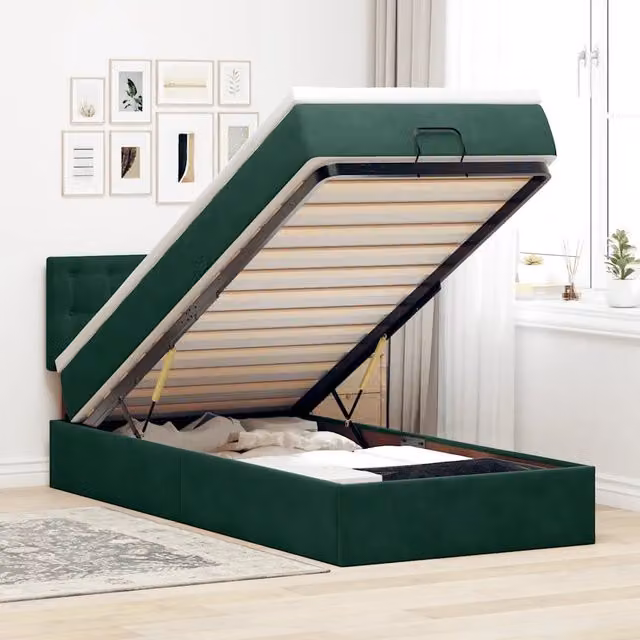 Letto con Pouf e Materasso vidaXL in Velluto Verde e Bianco con Base a Sollevamento, L: 80 cm, P: 200 cm, H: 140 cm