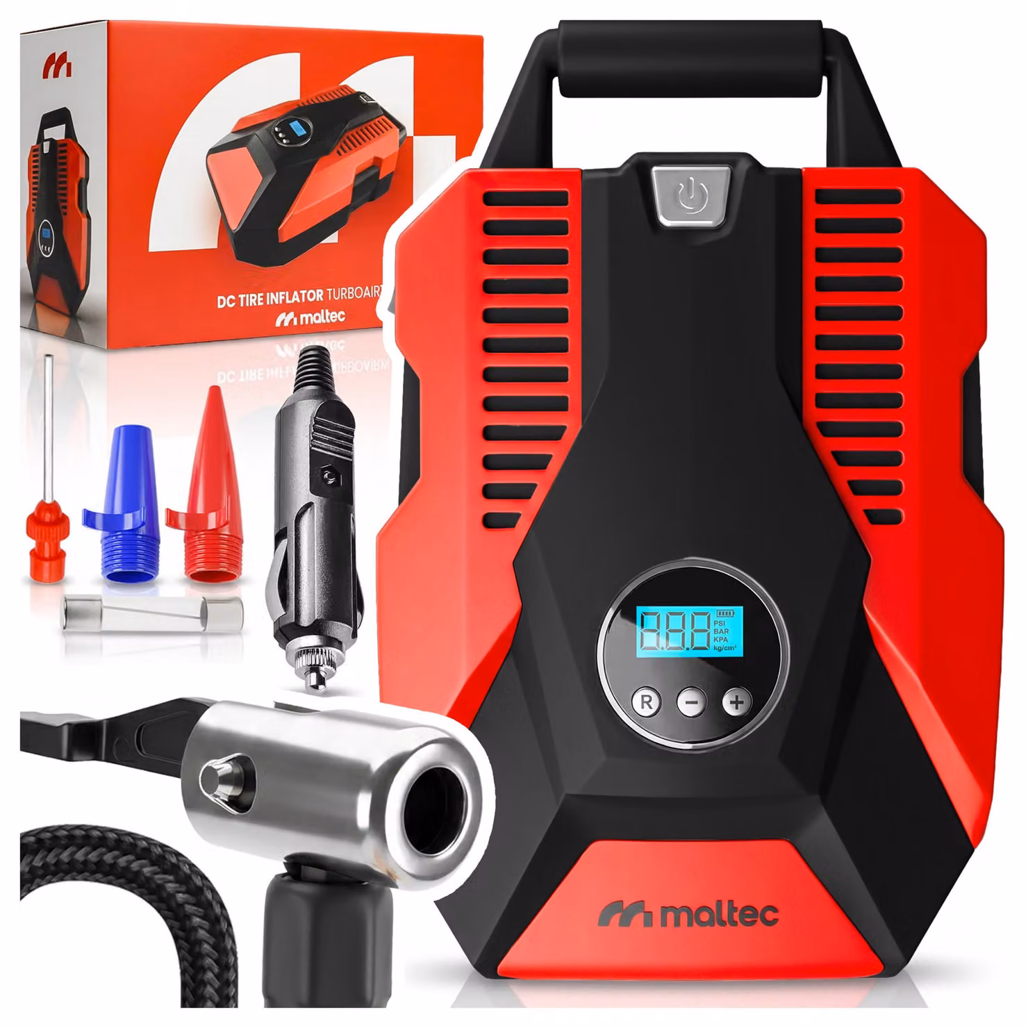 Compressore da auto 12 V per gonfiaggio pneumatici MalTec TurboAir100, 150 PSI / 10 bar, con display digitale, luce LED, spegnimento automatico, impostazione della pressione, 3 ugelli per auto e biciclette