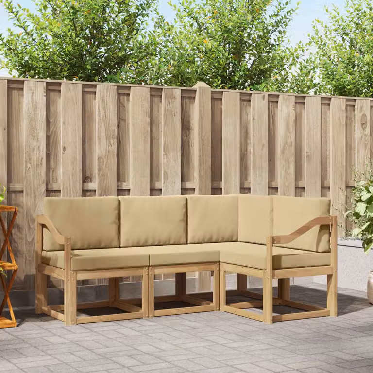 Set di divani da esterno vidaXL in legno di acacia con cuscini, composizione a L, bianco e beige