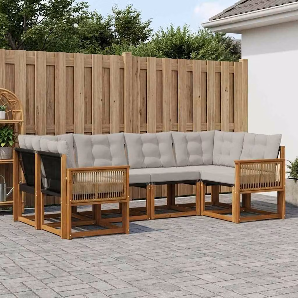 Set di divani da esterno vidaXL a forma di L composto da 6 pezzi in legno di acacia e tessuto textilene, colore marrone e grigio chiaro
