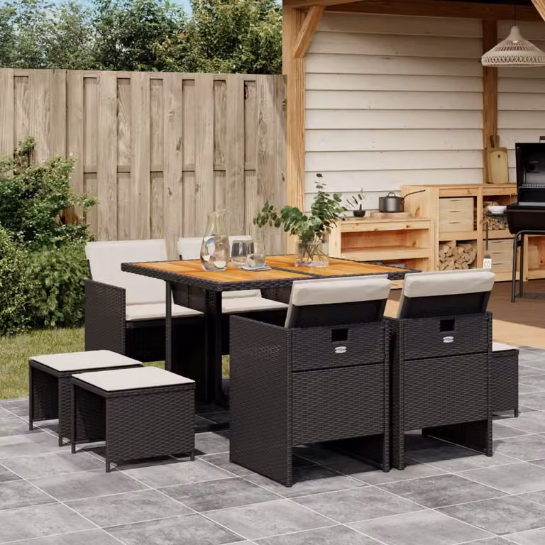 Set da pranzo da giardino vidaXL in polyrattan e legno di acacia con 9 pezzi e cuscini nero