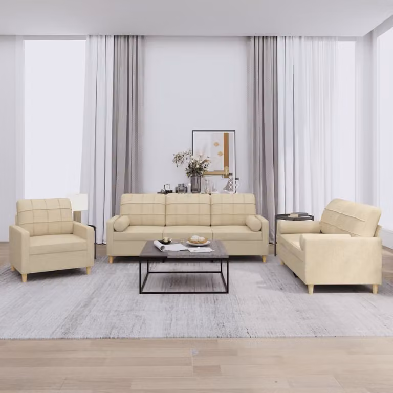 Set di divani 3 pezzi vidaXL in tessuto beige con cuscini per soggiorno moderno