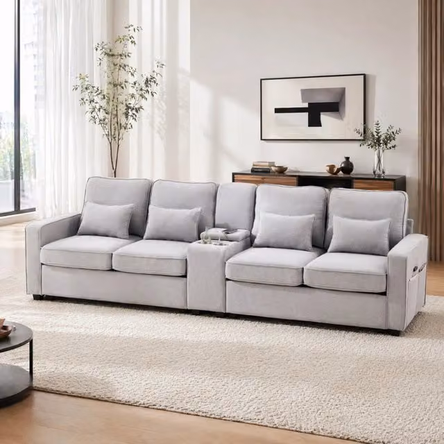Divano 4 posti in tessuto di lino grigio con console; porta USB; portabicchieri e tasche laterali 290x83x88 cm