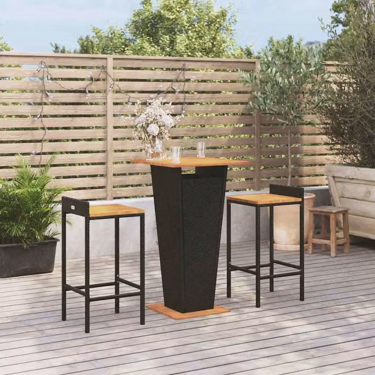 Set Bar da Giardino vidaXL in 3 Pezzi Nero in Polyrattan e Legno di Acacia