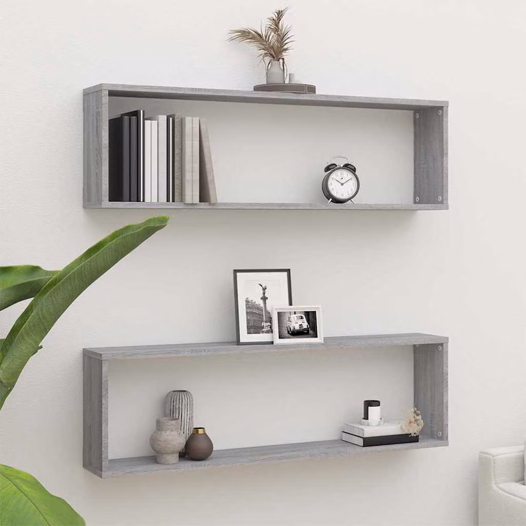 Set di 2 mensole a cubo vidaXL da parete in legno ingegnerizzato, colore grigio Sonoma, L 100 cm x P 30 cm x H 15 cm