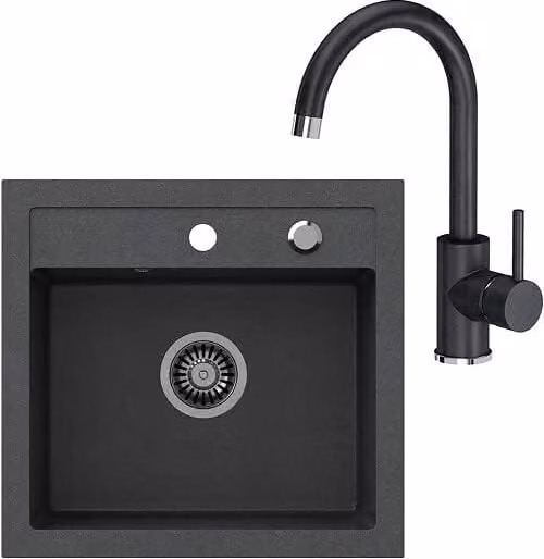VBChome Lavello nero con rubinetto 50 x 47 cm Granito Lavello monovasca da incasso Lavello da cucina Speckled Siphon Lavabo Miscelatore per lavello Monocomando