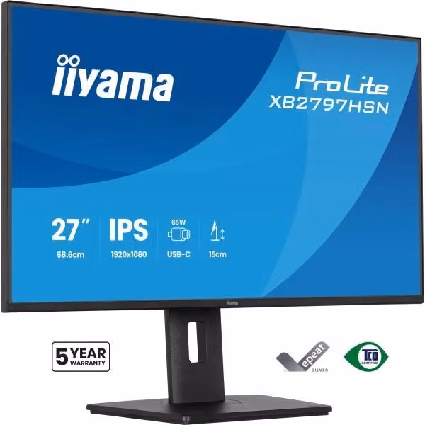 Monitor PC Iiyama Prolite XB2797HSN-B1 da 27 pollici Full HD IPS con connettività USB-C, HDMI, DisplayPort ed Ethernet, colore nero