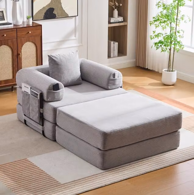 Divano modulare in velluto a coste con poggiapiedi e cuscino; grigio chiaro; 112×190×67 cm