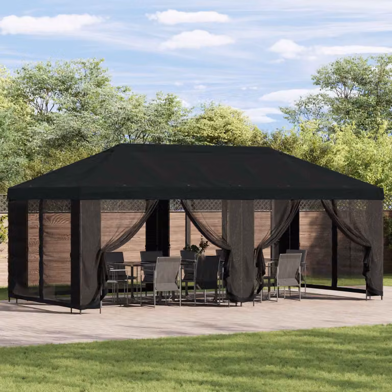 vidaXL Gazebo da giardino con pareti laterali in acciaio e poliestere Nero L: 600 cm, P: 300 cm, H: 276,5 cm