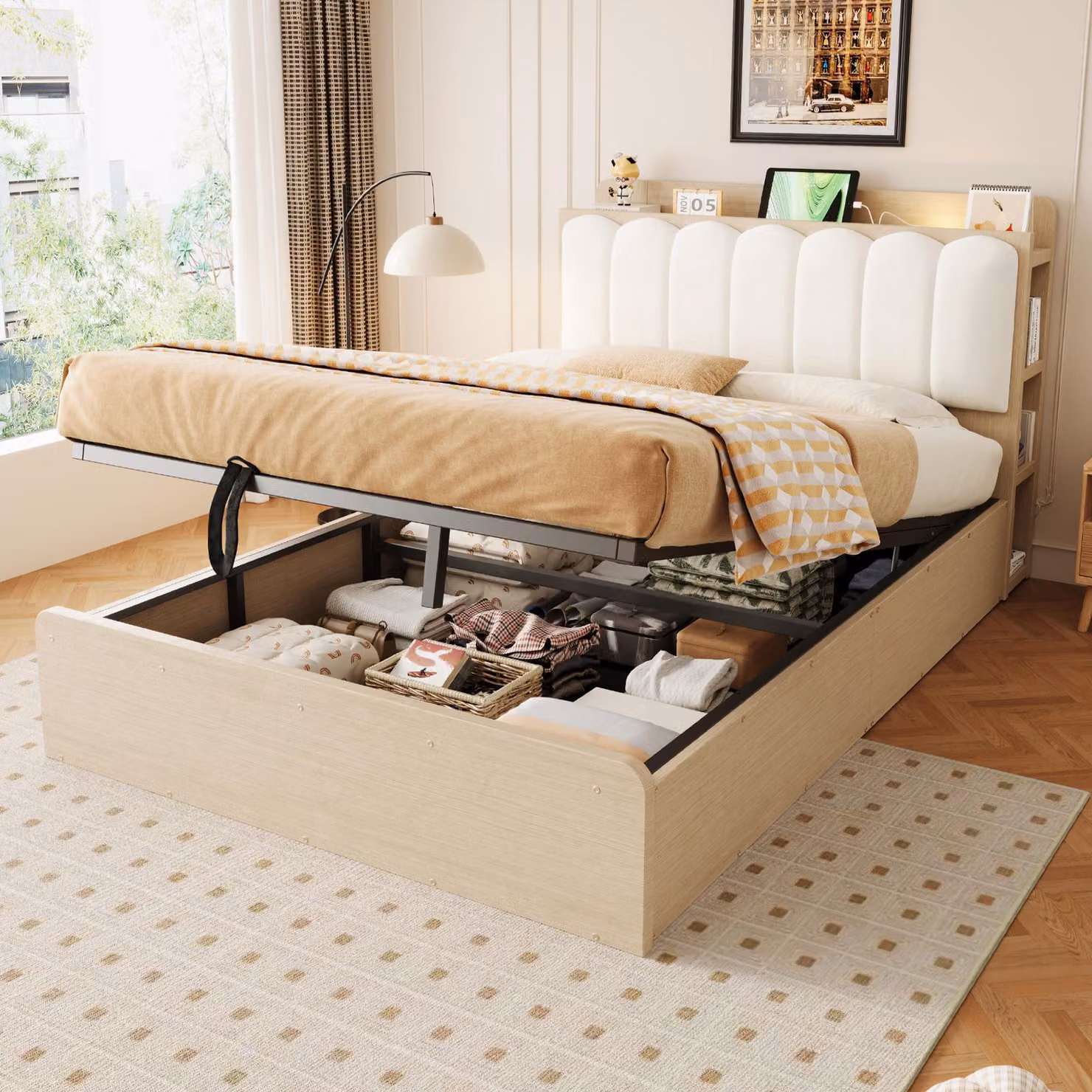 Letto contenitore 140x200 cm, finitura legno, con testiera imbottita, struttura letto idraulica con spazio contenitore e porta USB