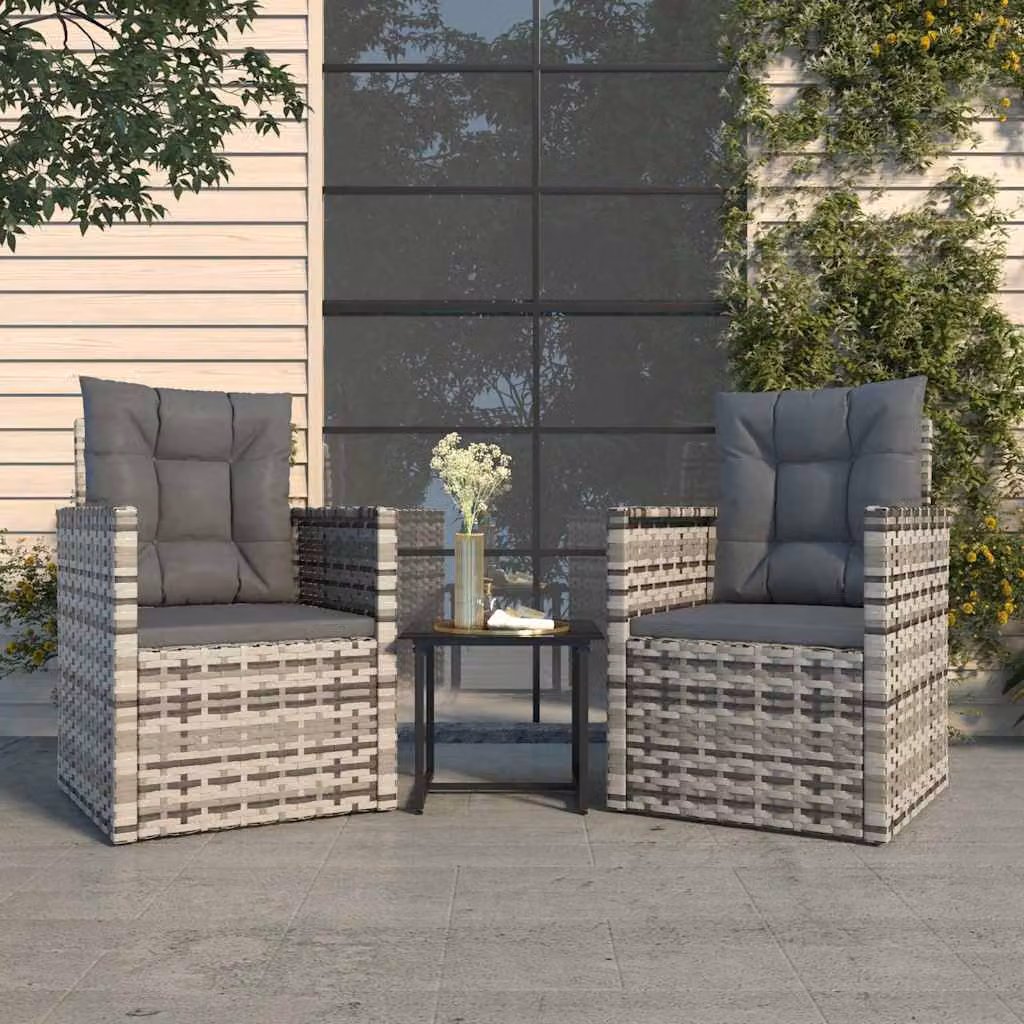Set da giardino vidaXL composto da 3 pezzi in polyrattan grigio antracite con cuscini inclusi e tavolino da esterno
