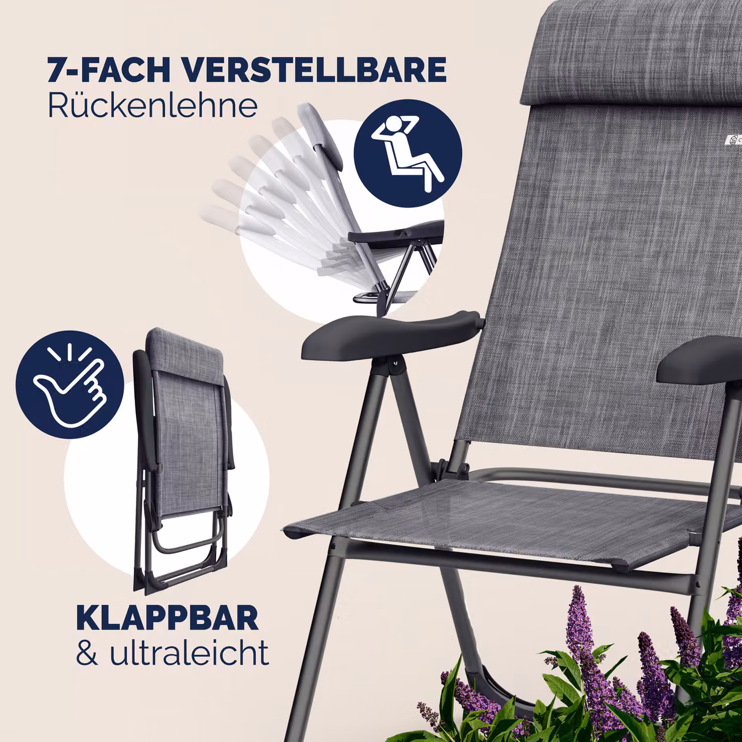 Set di 4 sedie da giardino pieghevoli Casaria con cuscini rimovibili in alluminio e tessuto grigio – 3