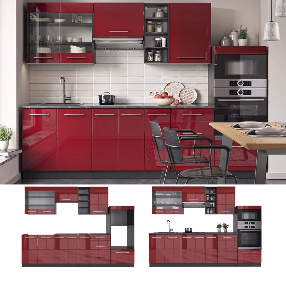 Cucina componibile moderna Vicco Fame-Line Bordeaux lucido e Antracite L: 280 cm senza piano di lavoro – 2