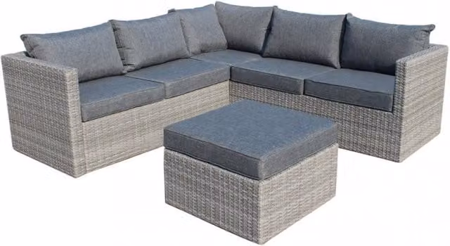 Salotto angolare COSMA in polyrattan grigio con cuscini, ideale per giardino e terrazza