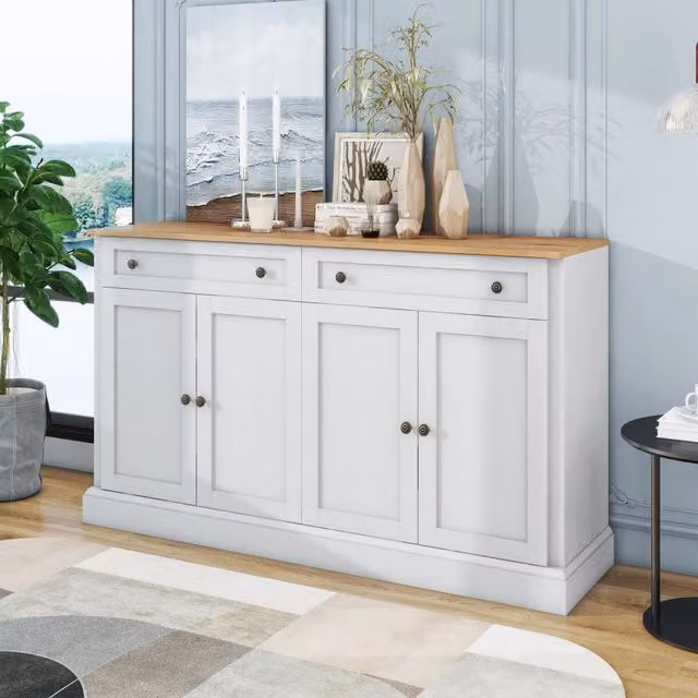 Sideboard con 4 ante e 2 cassetti, bianco antico e legno naturale, 150 x 40 x 86 cm