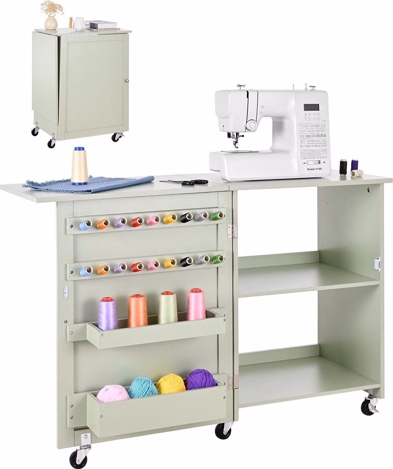 Tavolo da cucito - Tavolo pieghevole per macchina da cucire - Salvaspazio - Con scomparti portaoggetti - Con chiusura magnetica - Multiuso per atelier e casa - Verde chiaro
