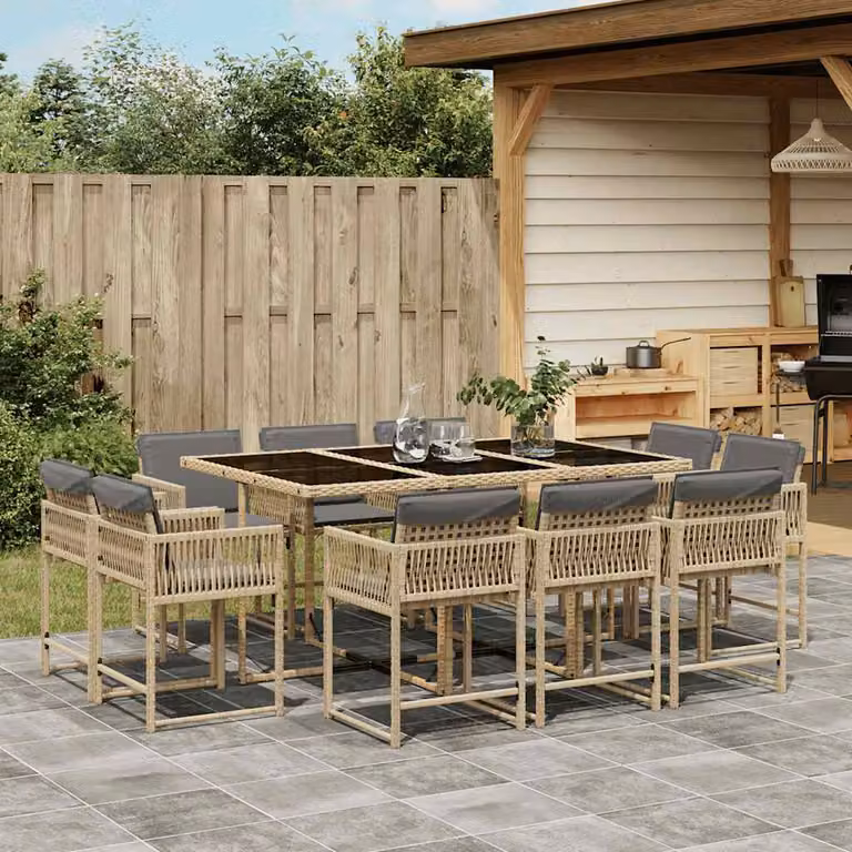 Set Pranzo da Giardino vidaXL 11 pz in Polyrattan con Cuscini Beige e Piano in Vetro