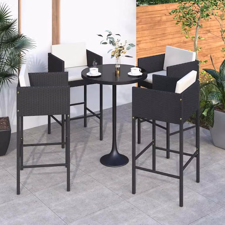 Set di 4 sgabelli da bar vidaXL in polyrattan con cuscini neri e struttura in metallo