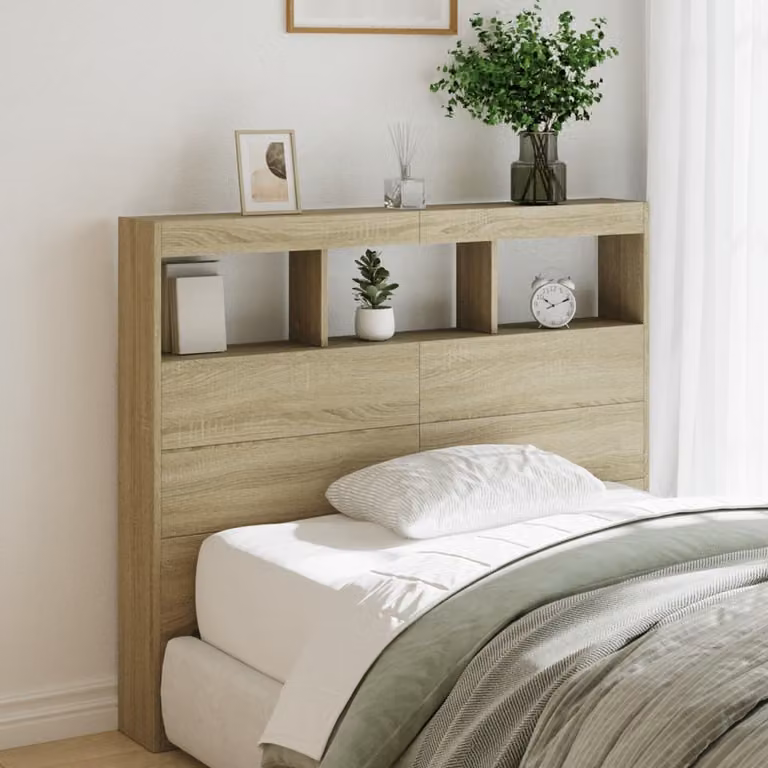 Testiera con contenitore e illuminazione LED vidaXL in Rovere Sonoma con ripiano e porta USB, L 120 cm x P 17 cm x H 102 cm