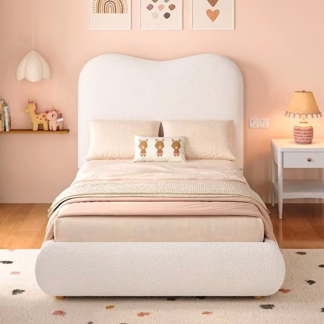 Letto Contenitore REDOM in Bouclé Beige con Rete a Doghe L 90 x P 200 cm