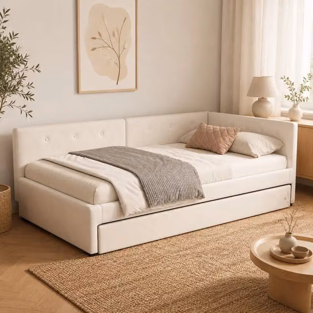 Letto da giorno ULEVR 90x200 cm con letto estraibile 90x190 cm, velluto beige e rete a doghe