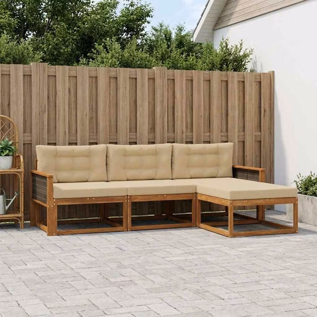 Set di divani da esterno vidaXL a forma di L in legno di acacia con pouf e cuscini, Beige e Marrone