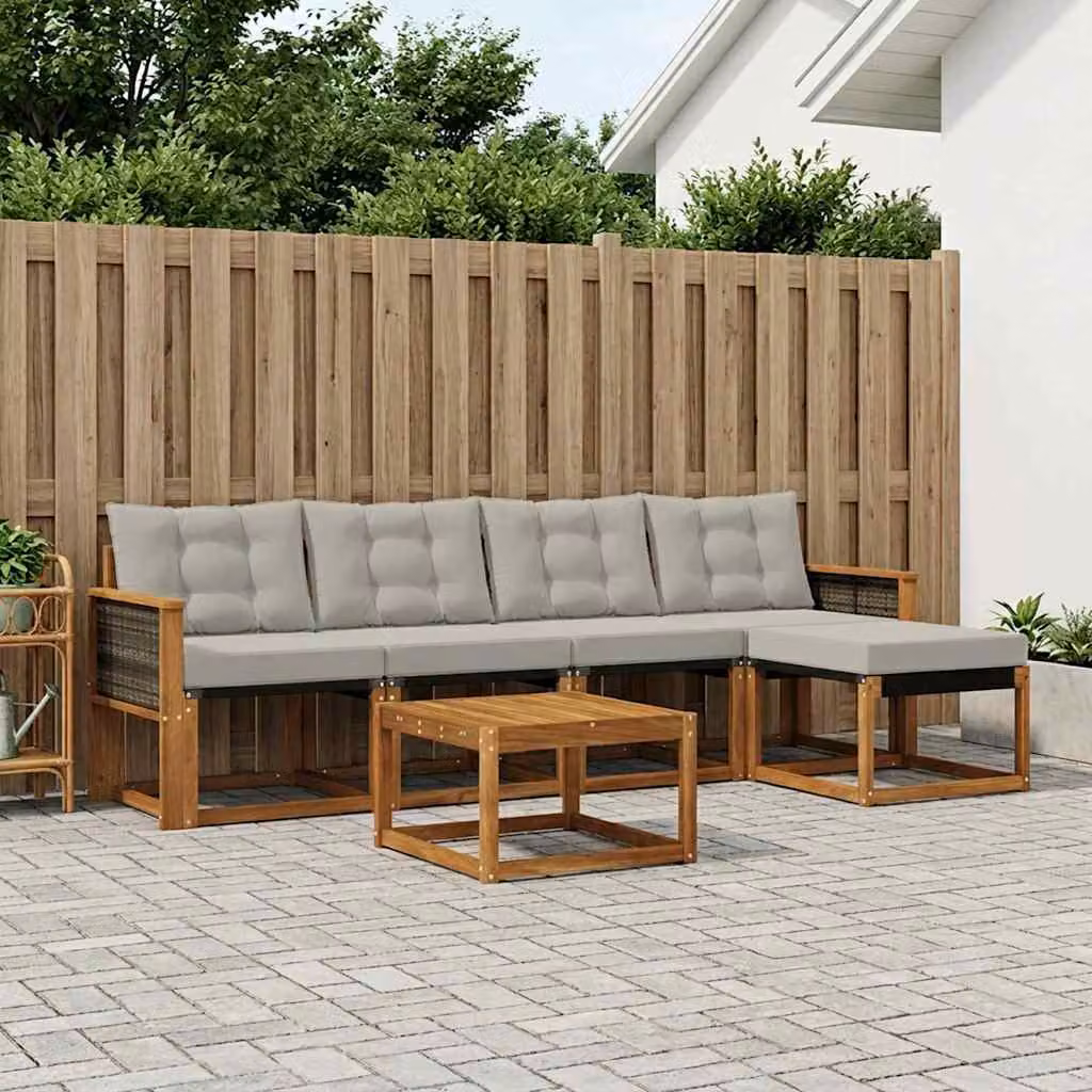 Set di divani da esterno vidaXL a forma di L in legno di acacia con tavolino e pouf, beige e grigio
