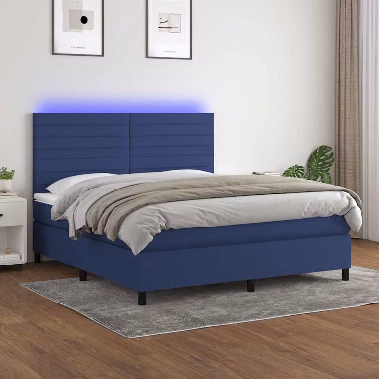 Letto Ibrido vidaXL con Materasso, Illuminazione LED Blu e Porte USB, Tessuto Blu e Bianco, L/P/H: 160 x 200 x 26 cm