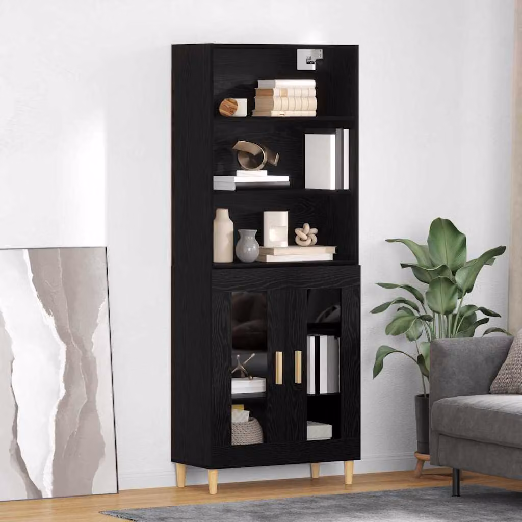Credenza moderna vidaXL in MDF nero con ante in vetro per soggiorno e sala da pranzo L: 69,5 cm, P: 32,5 cm, H: 180 cm
