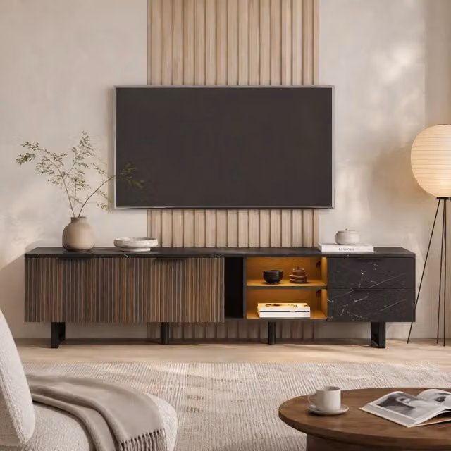 Desviae Mobile porta TV con LED multicolore, due ante, due cassetti e due vani in MDF effetto marmo nero e legno 200 × 38 × 50 cm