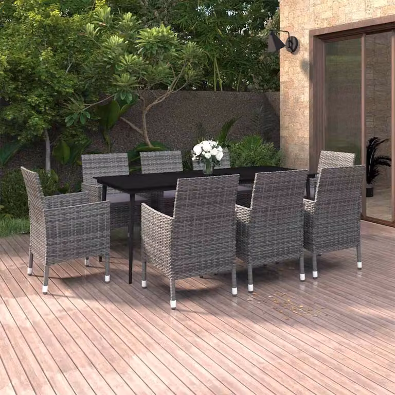 vidaXL Set da Pranzo per Giardino 9 pz in Polyrattan con Cuscini e Tavolo in Vetro Grigio e Nero