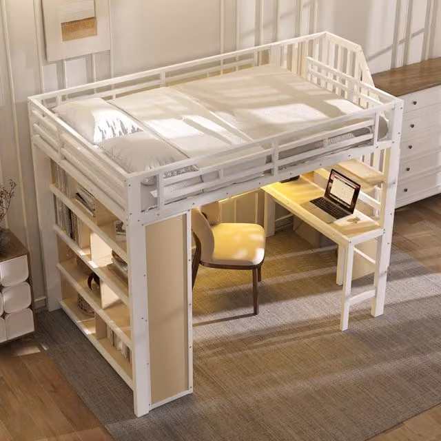 Letto a soppalco matrimoniale OKWISH bianco con scrivania, ripiani, scala e illuminazione LED, L/P/H: 200 x 140 x 251 cm