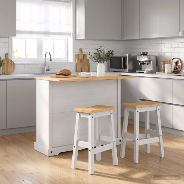 Set isola da cucina moderno vidaXL in 3 pezzi, Bianco e Pino Massello, L/P/H: 112,0 x 70,0 x 91,5 cm