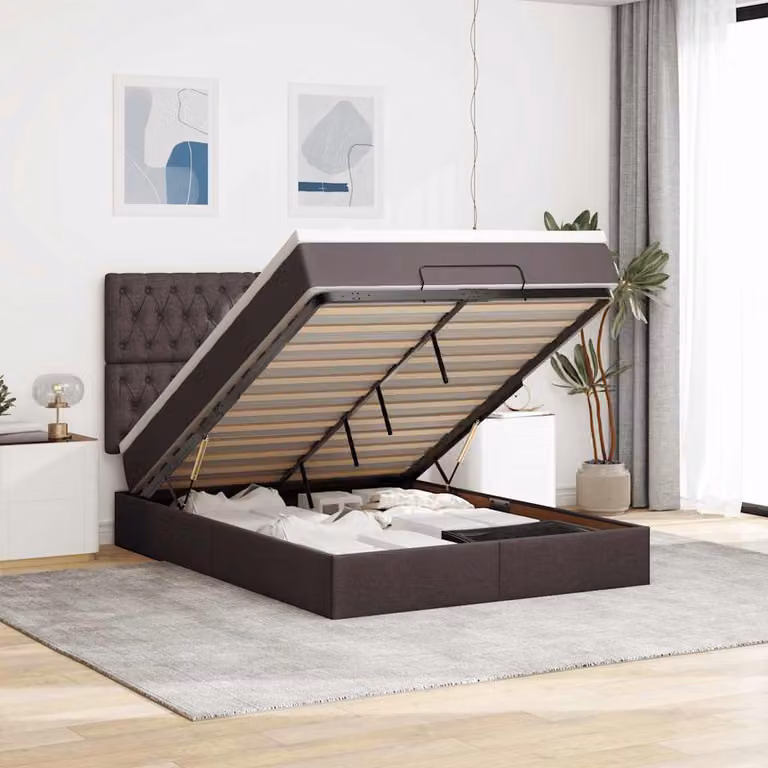Letto con contenitore a sollevamento vidaXL in tessuto con materasso, L/P/H: 200 x 140 x 128 cm, disponibile in marrone, bianco o grigio