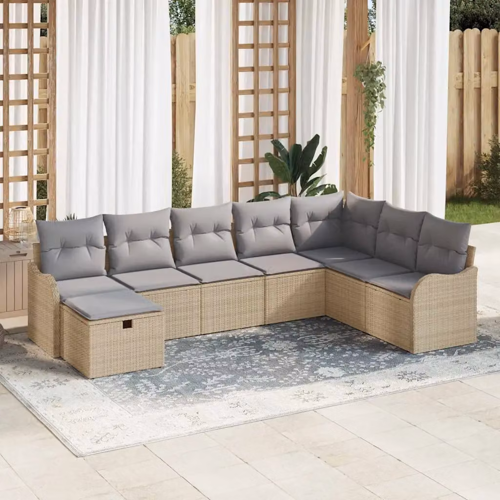 Set di divani da giardino a forma di L vidaXL con tavolino, pouf e cuscini, colore beige e grigio chiaro