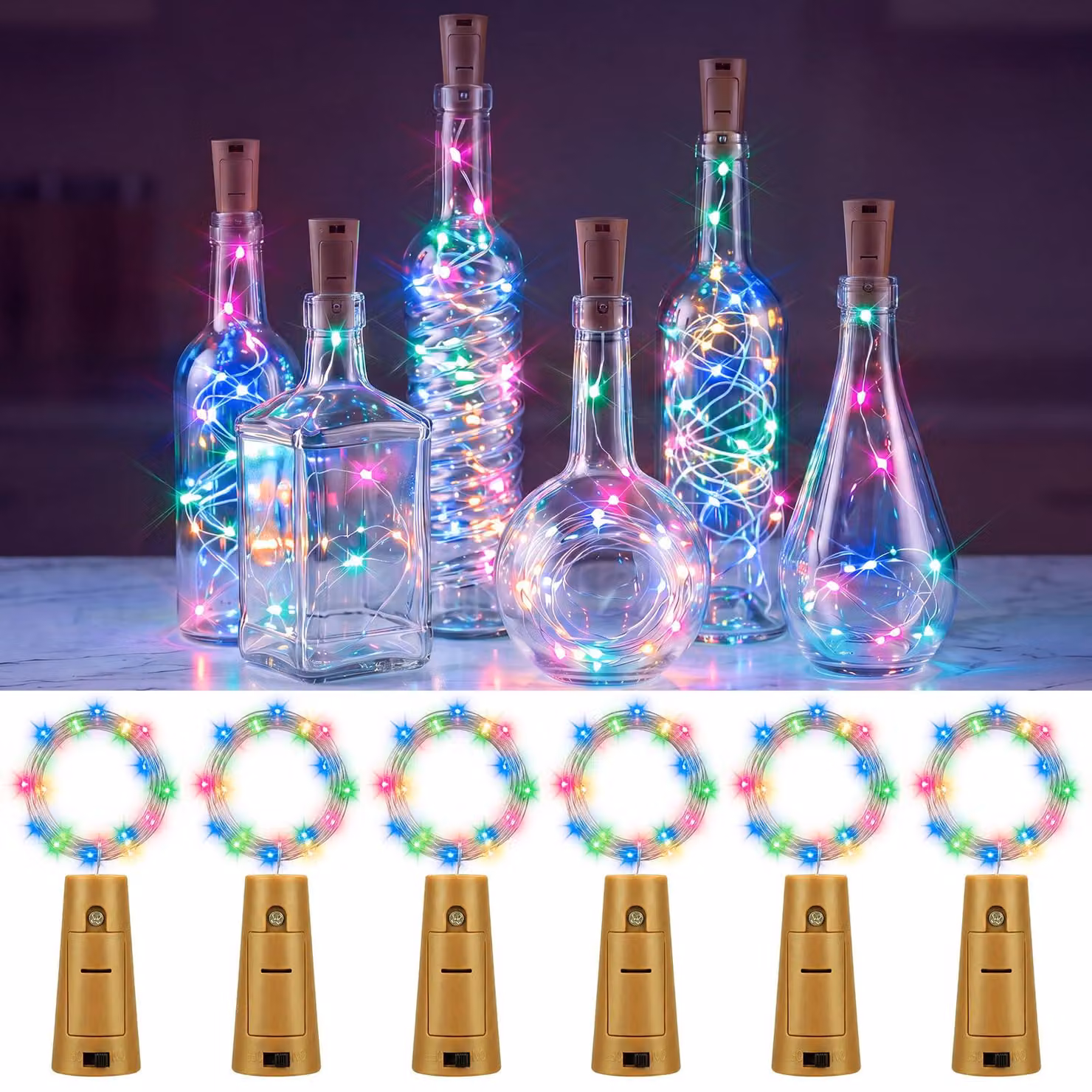 Set di 6 luci a LED per bottiglie, lunghezza 2 metri, 20 LED, multicolore, alimentate a batteria