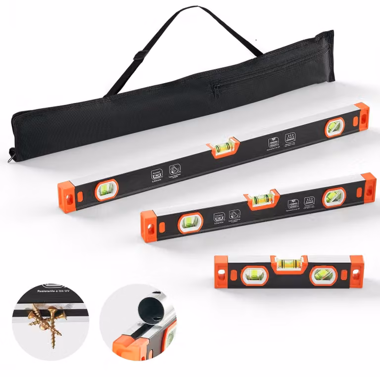 Set di livelle a bolla, composto da 3 pezzi: livelle di precisione da 225 mm, 400 mm e 600 mm, con 3 bolle a 0°, 45° e 90°. Precisione: 0,5 mm/m. Livella magnetica per muratori con scanalatura a V. Strumento di misurazione per cantieri edili e lavori dome
