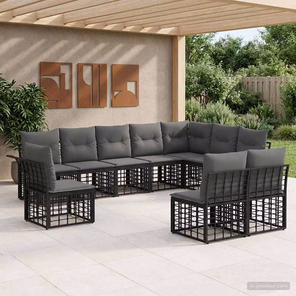 Set di divani da esterno vidaXL a forma di U composto da 10 pezzi in nero e grigio con struttura in metallo e cuscini imbottiti in schiuma con rivestimenti rimovibili per giardino e terrazza