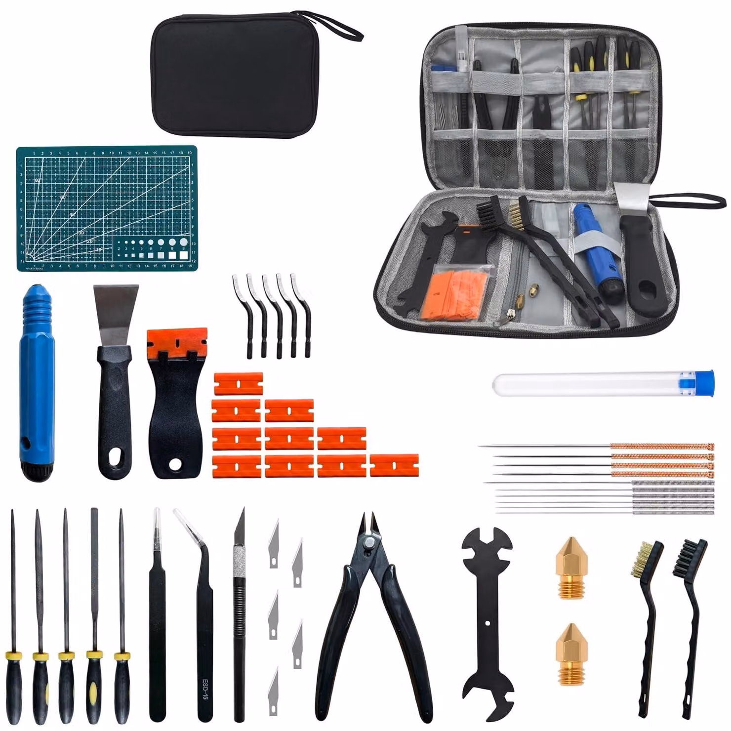 Kit di accessori per stampante 3D da 48 pezzi: set di pulizia, strumento per rimuovere le bave, pinzette, strumento di rimozione, spatola in acciaio inossidabile, strumenti per stampante 3D