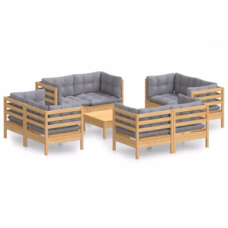 Set Divani da Giardino 9 pz con Cuscini Grigi Massello di Pino