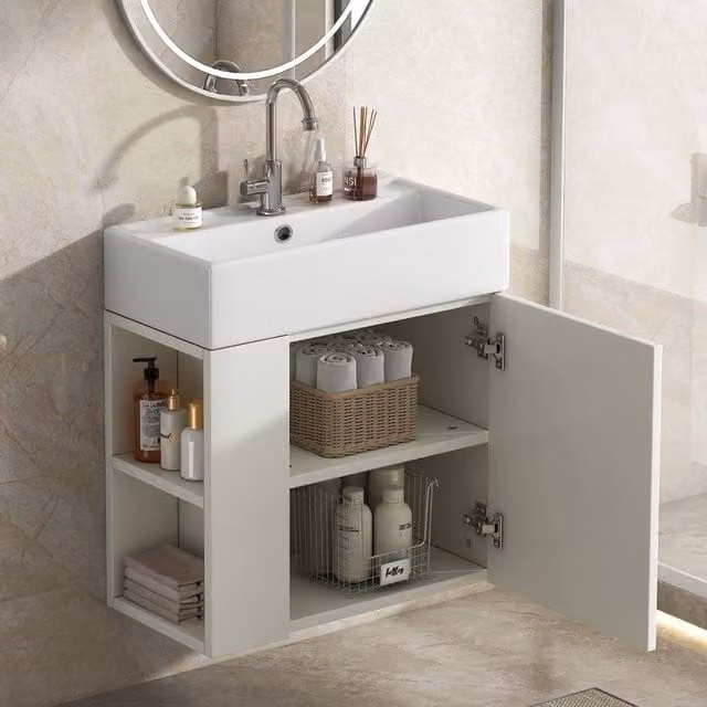Mobile sottolavabo sospeso OKWISH con lavabo integrato e vani laterali in bianco opaco L: 69 cm, P: 52 cm, H: 32 cm