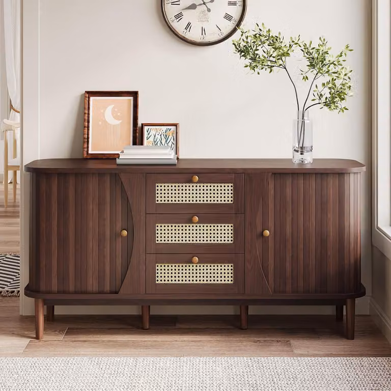 Comò marrone, 140 cm di larghezza, mobile contenitore per il soggiorno in legno e rattan, stile vintage, con cassetti e ripiani