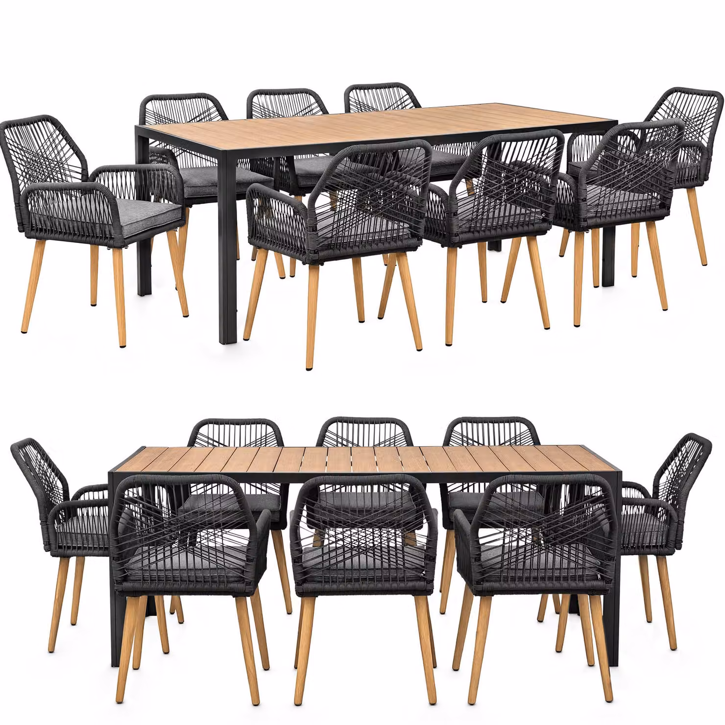 Gruppo da giardino con tavolo e 8 sedie - resistente alle intemperie - rete in corda - tavolo da pranzo in WPC - cuscini di seduta - gruppo da pranzo per esterni - antracite/legno