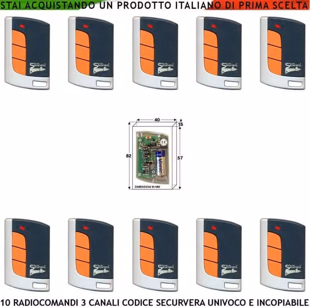 Set di 10 radiocomandi Securvera a 3 canali con tecnologia Rolling Code 66 Bit, frequenza 433,92 MHz, tasti numerati e contenitore in ABS, disponibili nei colori nero, grigio o arancione