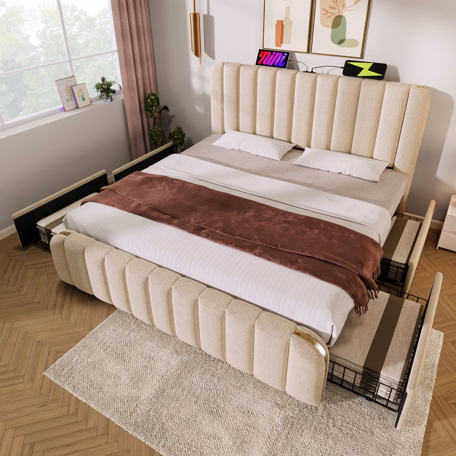 Letto imbottito Flieks 160x200cm con funzione di ricarica (USB, Type-C), letto matrimoniale contenitore con 4 cassetti, letto giovanile funzionale, biancheria, beige