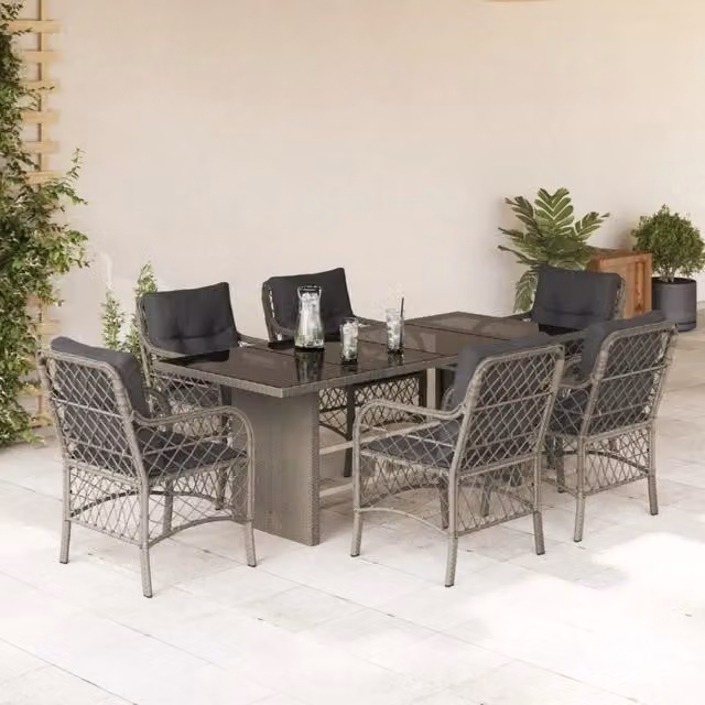 Set da pranzo da giardino vidaXL in polyrattan e vetro, 7 pezzi, grigio antracite – 1