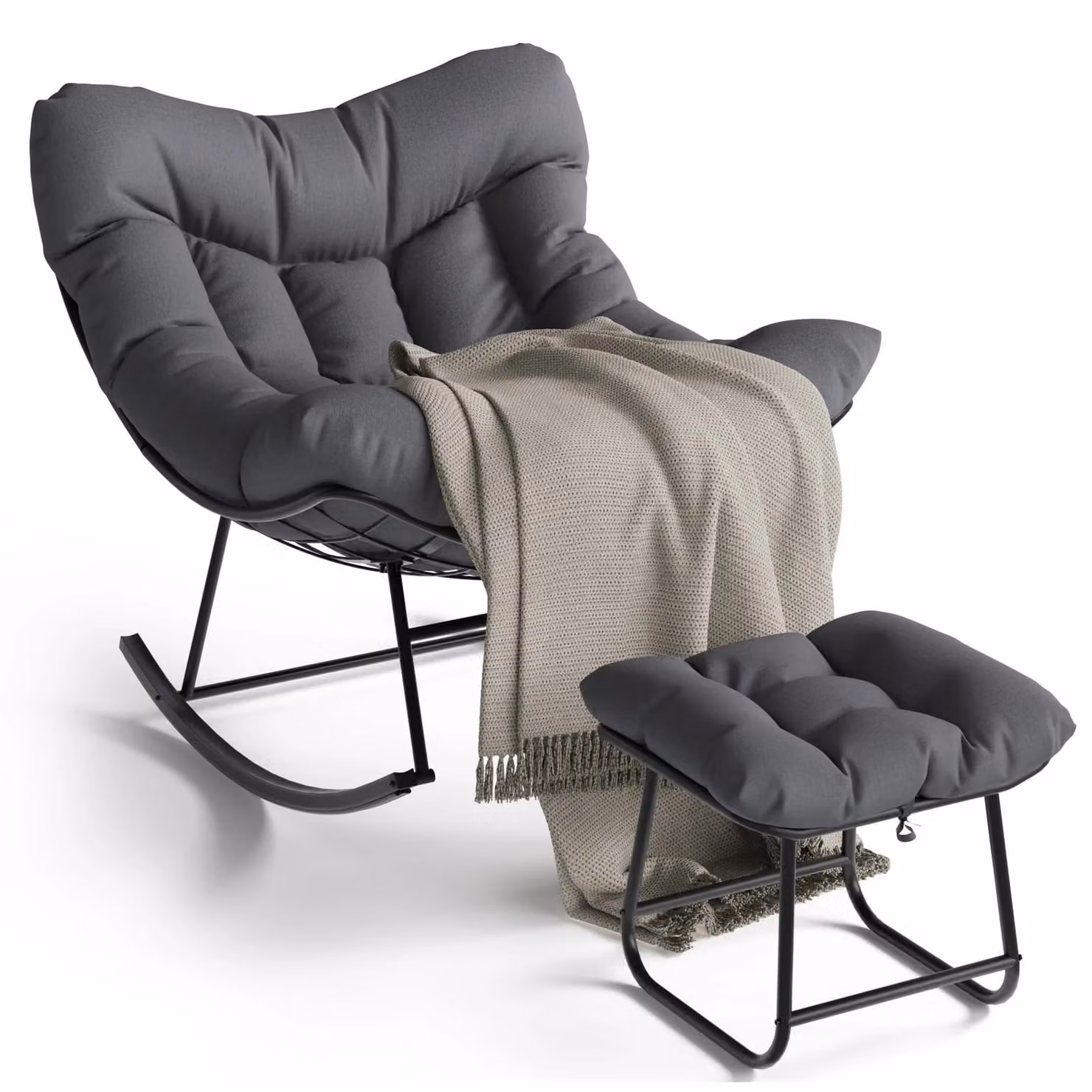 Sedia a dondolo Papasan da esterno - Sedia a forma di uovo con struttura in metallo - Sedia a dondolo per giardino, balcone o terrazza - Realizzata in rattan sintetico - Cuscino spesso incluso - Con poggiapiedi - Colore grigio scuro