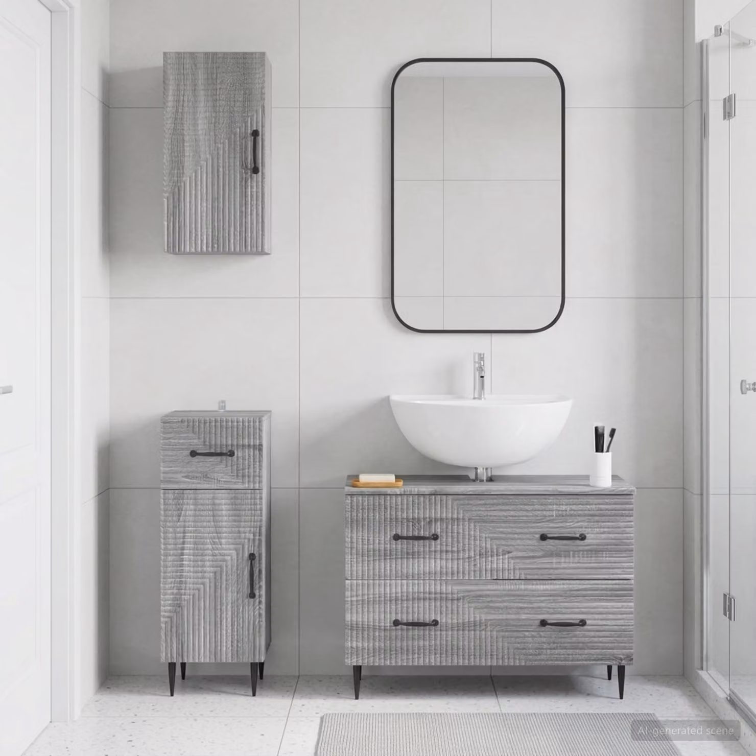 Set di mobili da bagno moderno vidaXL HAARLEM in 3 pezzi color grigio con mobile lavabo e pensili a parete